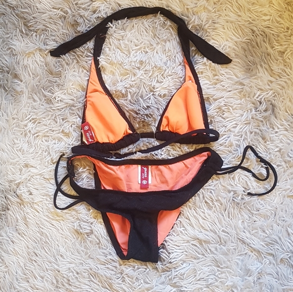 GUESS Halter Bikini Swim Set - Black Orange Silver - Small - Picture 2 of 11